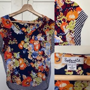 Splendid curved hem floral & stripe tee